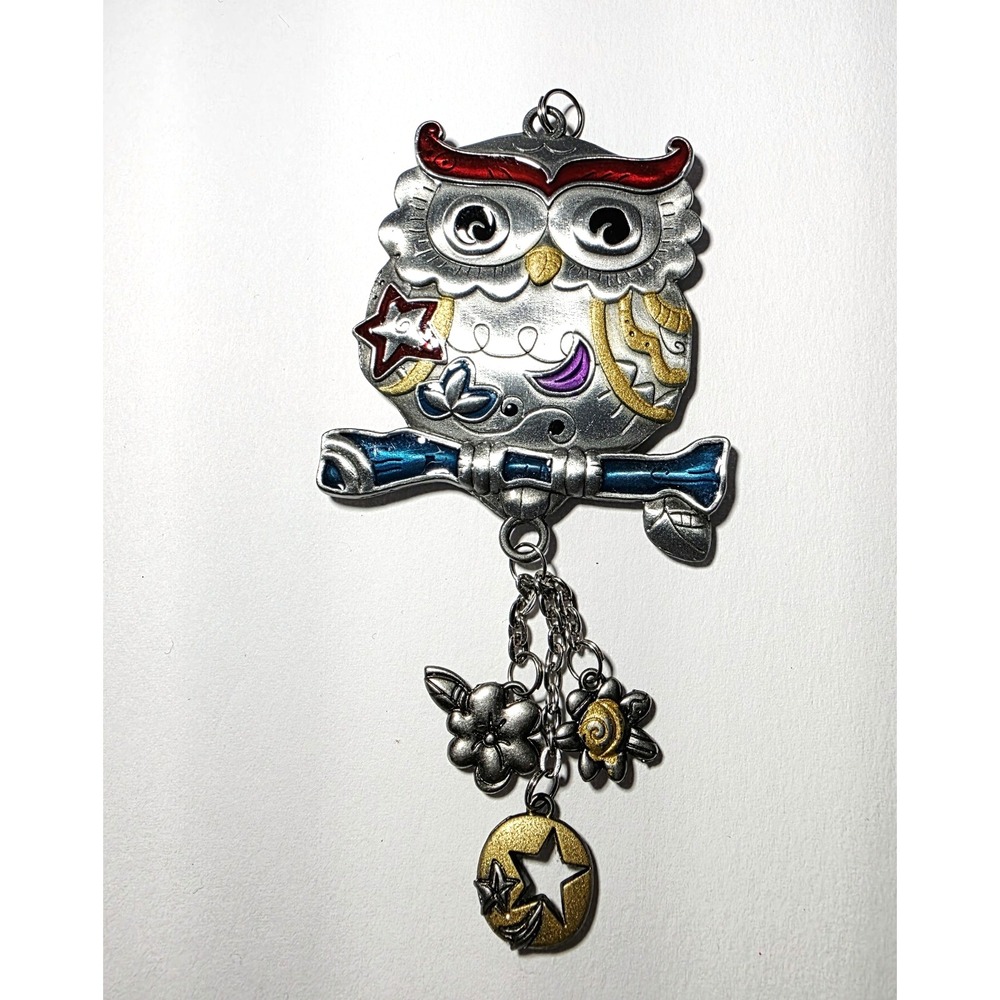 Large Double Sided Detailed Owl Metal Colorful Enamel Accents Dangle Pendant